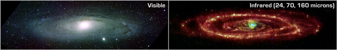 A comparison of Andromeda in visible light and infrared.